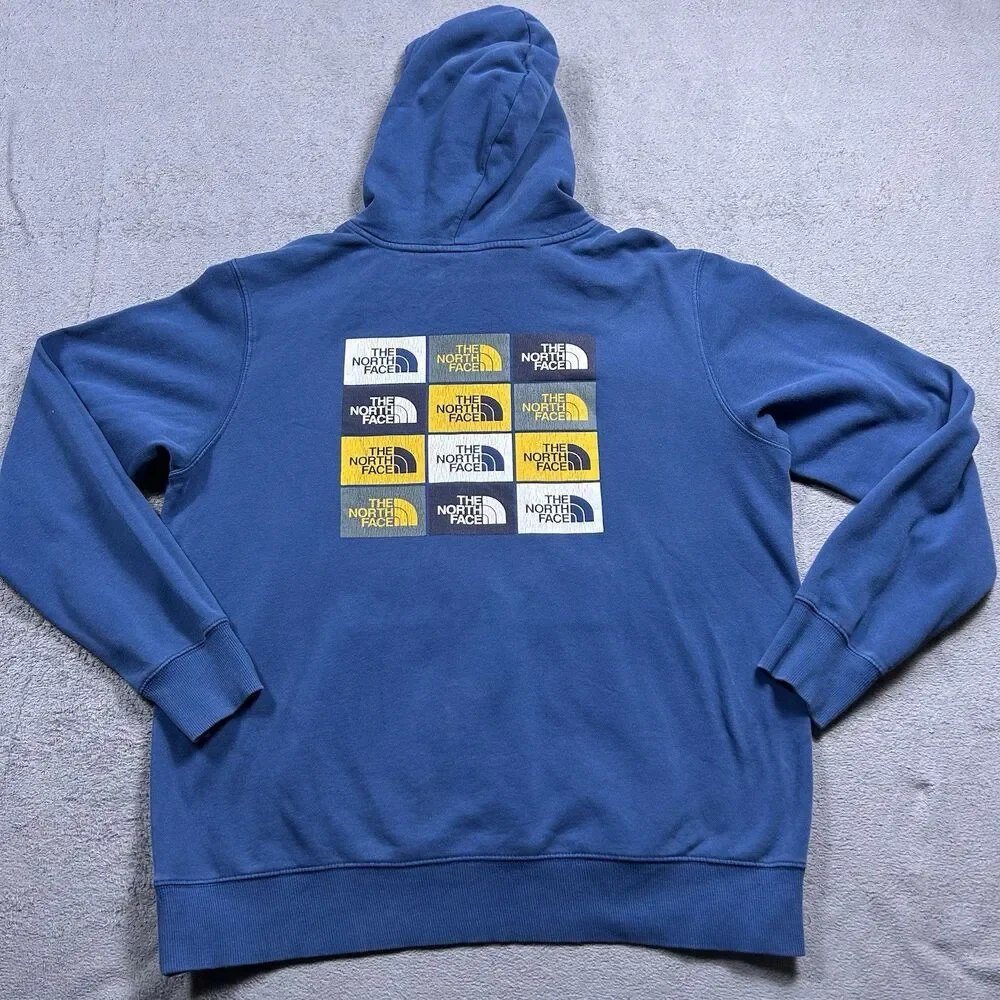 The North Face Pullover Hoodie Mens Medium Blue Box Logo Graphic Grid Gorpcore